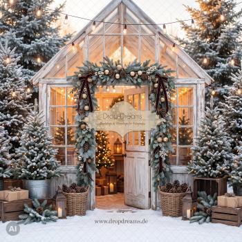 Weihnachts-Backdrop Christmas Greenhouse II mit weißem Gewächshaus, warmem Lichterschein und dunkelroten Samtschleifen in Weiß, Gold und Dunkelrot von Drop-Dreams